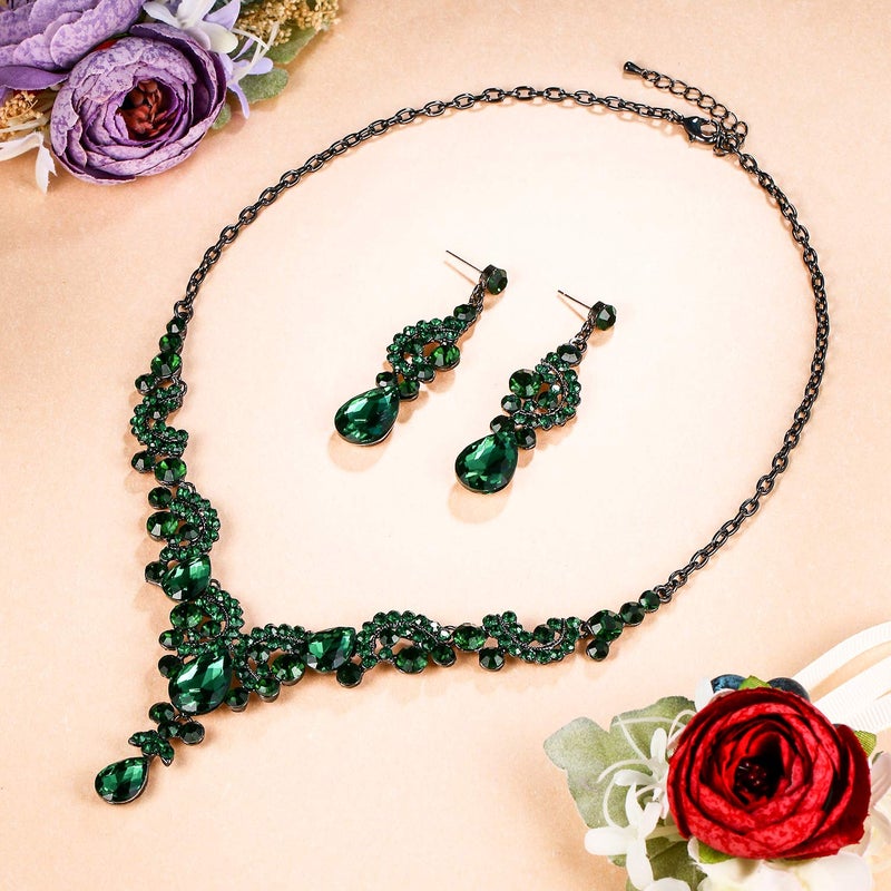 EVER FAITH Costume Jewelry for Women, Art Deco Crystal Floral Wave Teardrop Pendant Necklace Dangle Earrings Set Green Black-Tone - Image 4